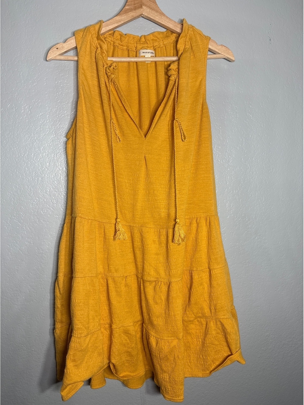 Max studio mustard golden tiered dress tassel M boho peasant cottage